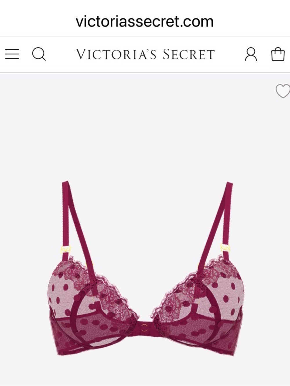 Victoria's Secret Berry Lace & Polka Dot Demi Bra with Gold Accents
